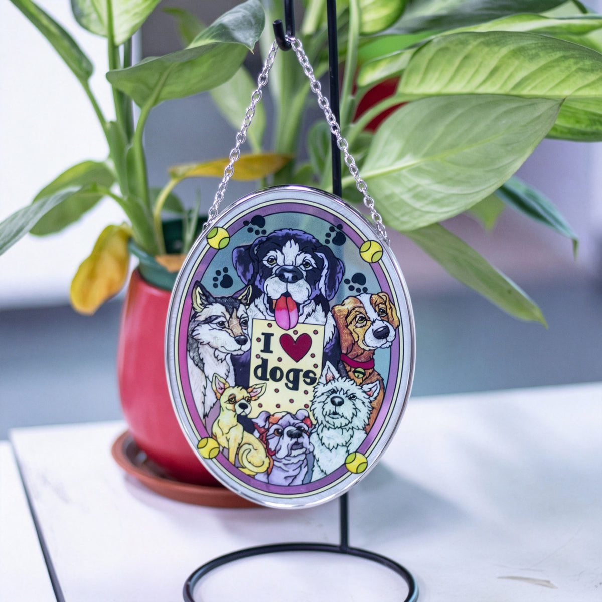 YAP Dog Themed Stained‑Glass Suncatcher Hanging Ornament, Window Wall Home Decor Housewarming Gift