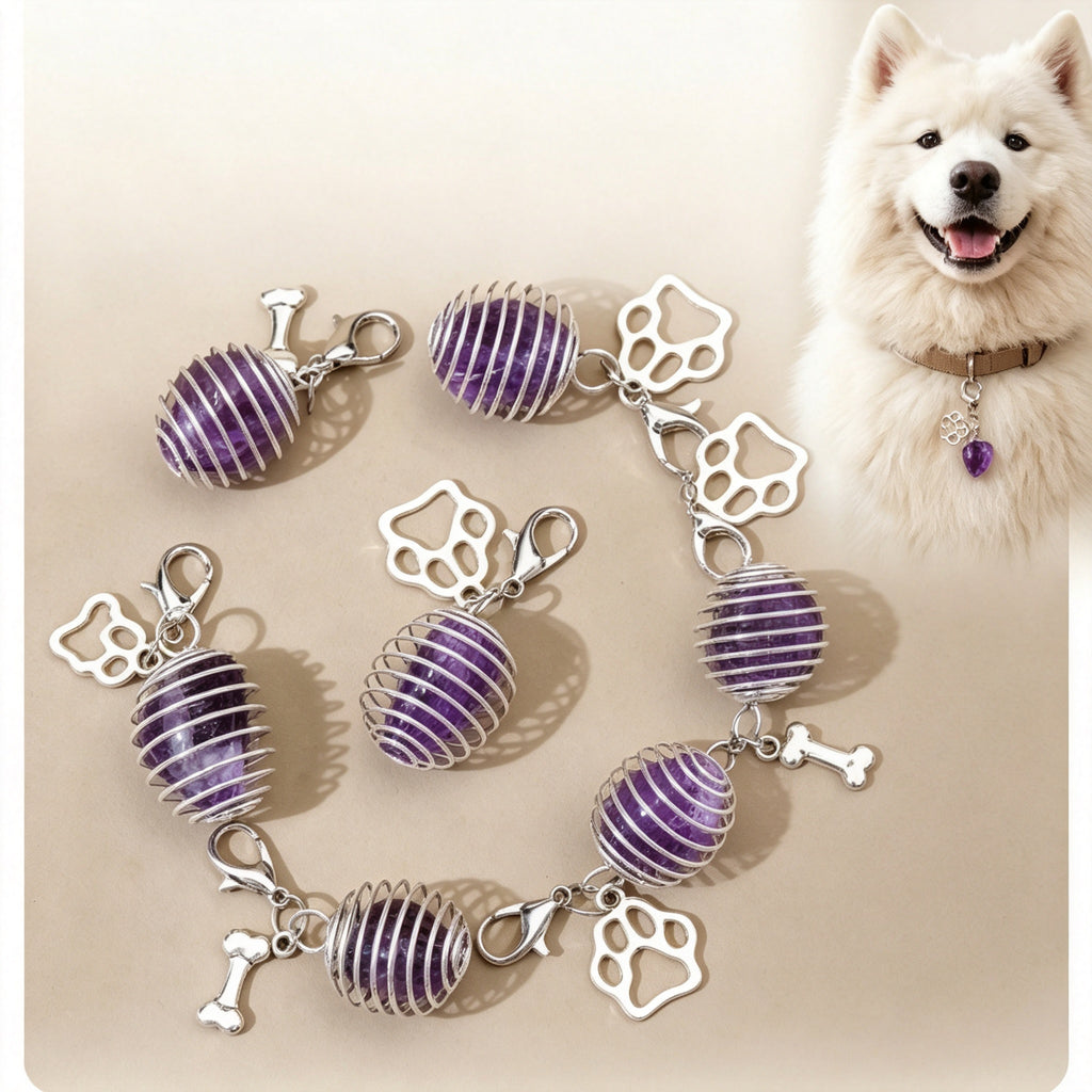 RYS Natural Amethyst Pet Pendant, DIY Crystal Keychain Bag Charm for Pets