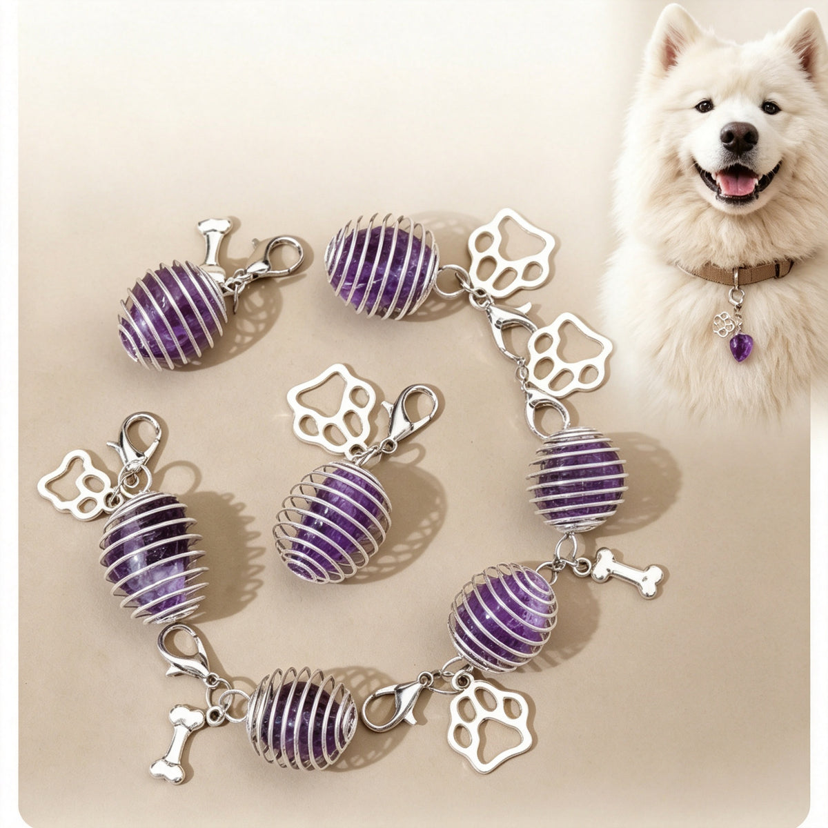 RYS Natural Amethyst Pet Pendant, DIY Crystal Keychain Bag Charm for Pets
