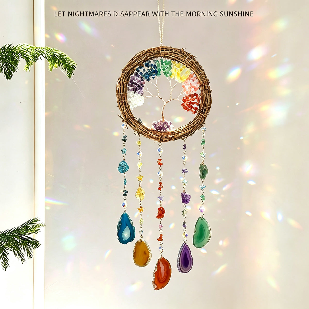 MGY Tree of Life Rattan Dreamcatcher Wind Chime, Colorful Agate Slices Wall Hanging Ornament for Living Room Bedroom Home Decor
