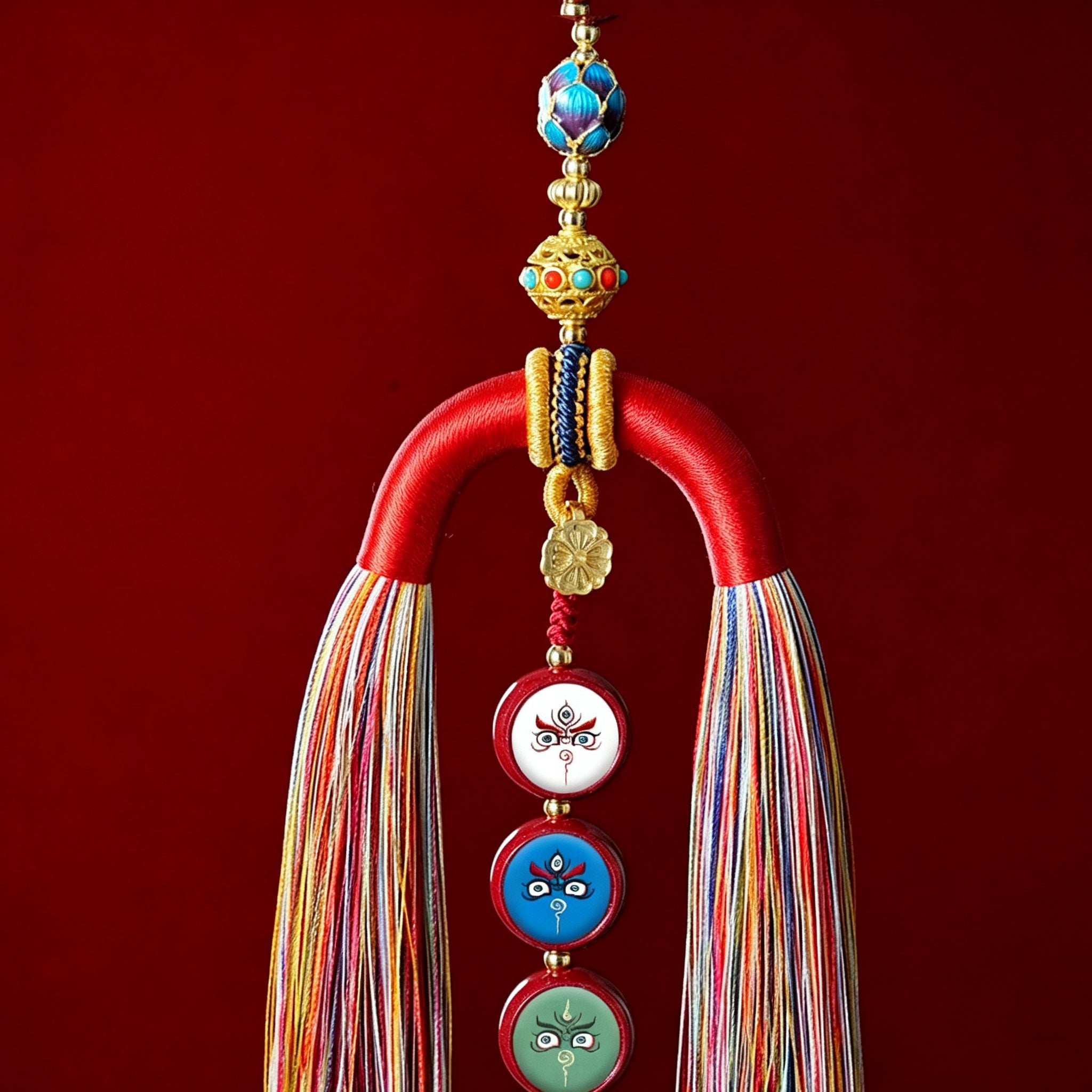HXJ Handmade Five-Way Wealth God Thangka Car Charm | Vermilion & Hemp Cord Ethnic Pendant