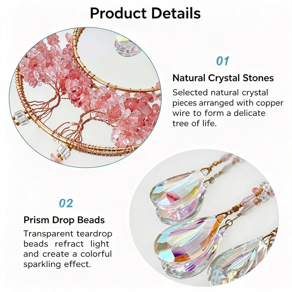 MGY Moon Tree of Life Suncatcher Wind Chime, Pink Natural Crystal Stone Wall Hanging Ornament for Home Bedroom Decor