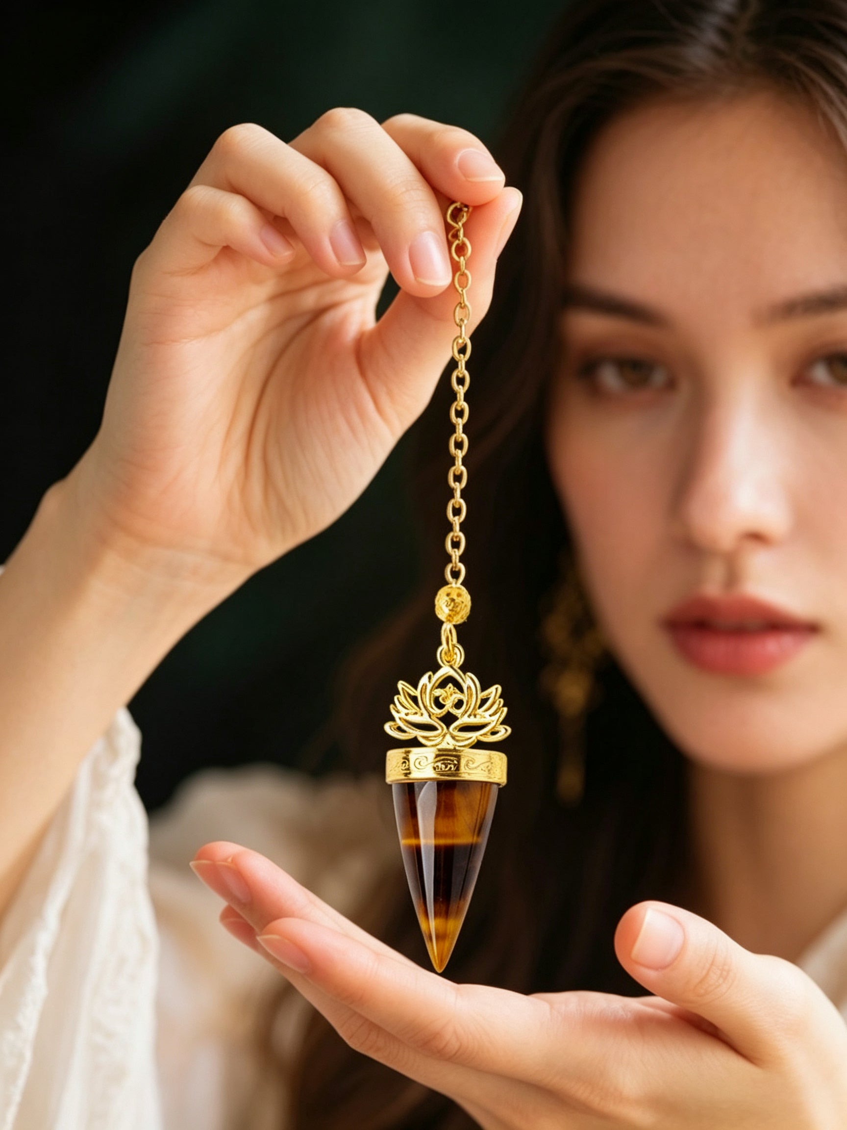 RYS Natural Crystal Golden Cone Pendulum Pendant with Chain