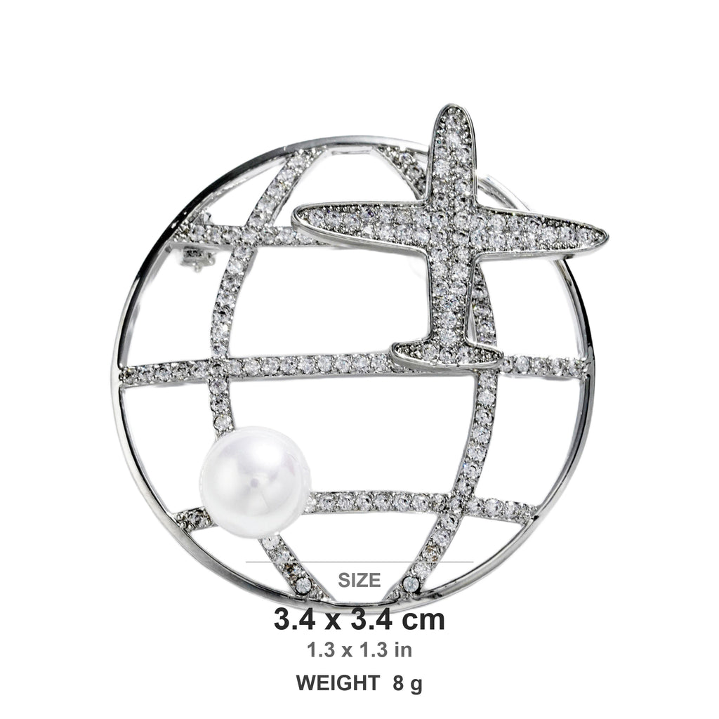 QZY Rotating Pearl Airplane Brooch Zircon Circle Pin Elegant Coat Accessory