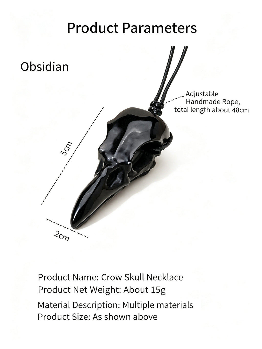 RYS Natural Crystal Crow Skull Pendant Necklace | Gothic Couple Jewelry with Handmade Black Cord
