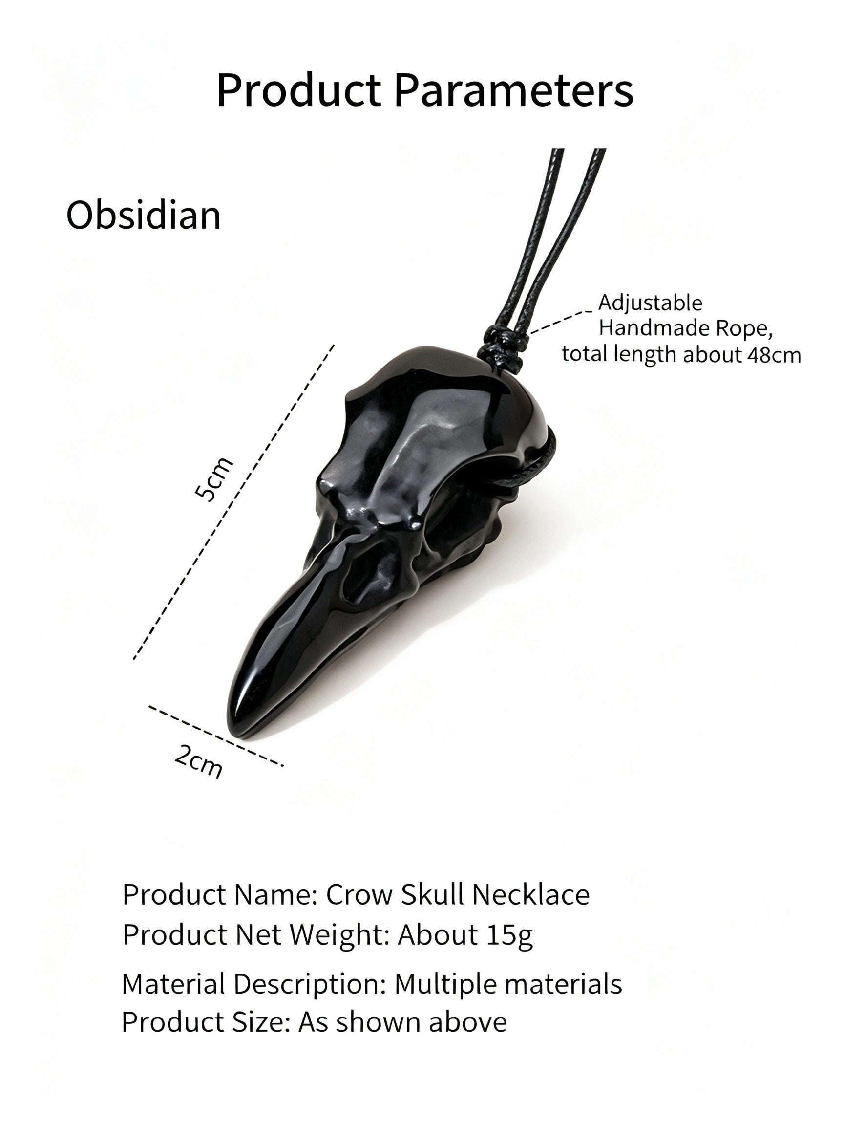 RYS Natural Crystal Crow Skull Pendant Necklace | Gothic Couple Jewelry with Handmade Black Cord