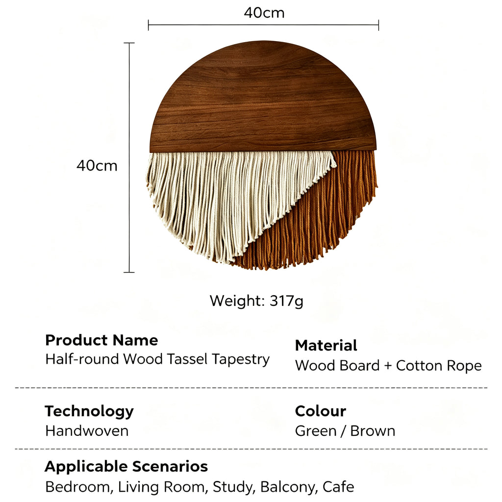 JXG Half‑Round Wood Board Cotton Rope Tassel Wall Tapestry Boho Wall Hanging Decor