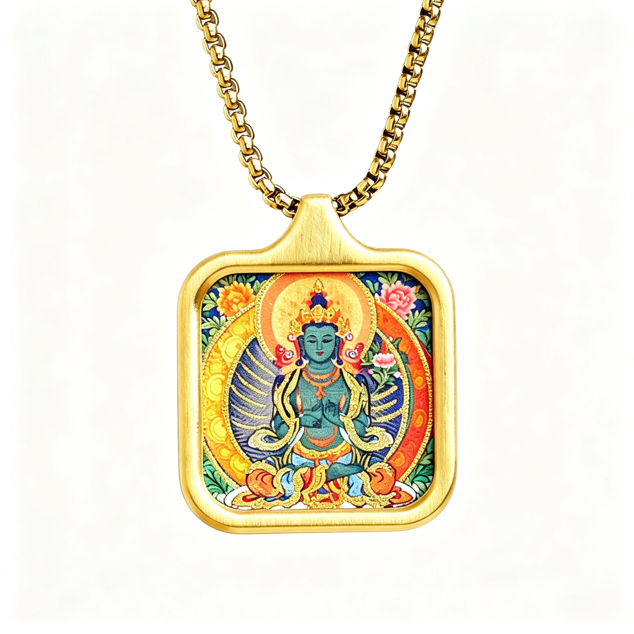 RYS Hand-Painted Thangka Buddha Pendant Necklace | 18K Gold Plated Alloy | Tibetan Patron Saint Amulet for Zodiac Signs | Spiritual Protection Jewelry