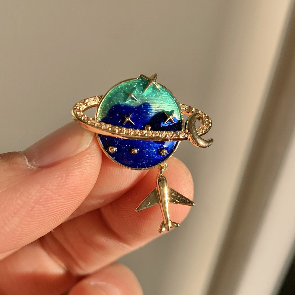 QZY Enamel Star Moon Airplane Brooch Cute Planet Pin Sweater Accessory