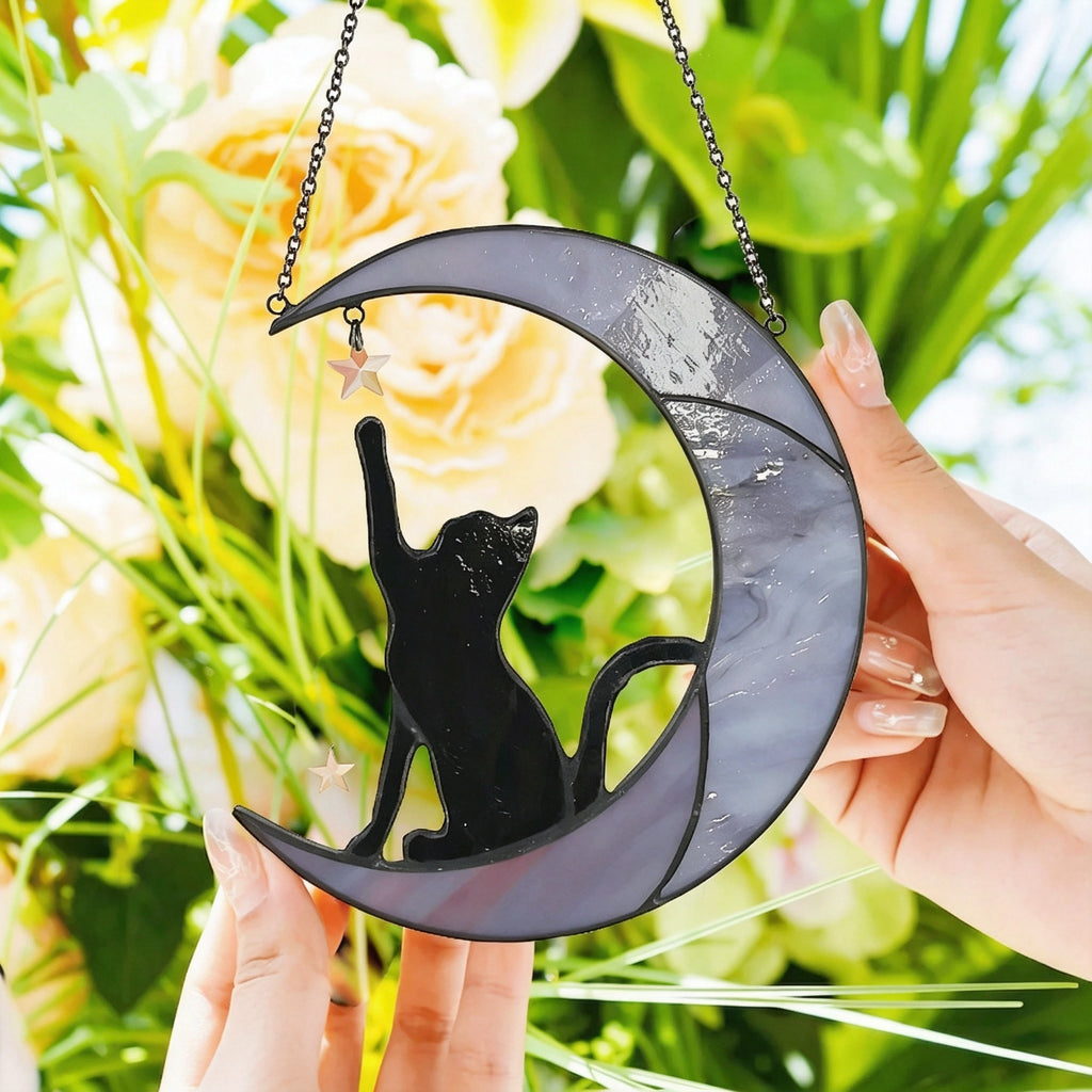 YAP Cat Moon Stained‑Glass Suncatcher Hanging Ornament, Window Wall Home Decor Gift