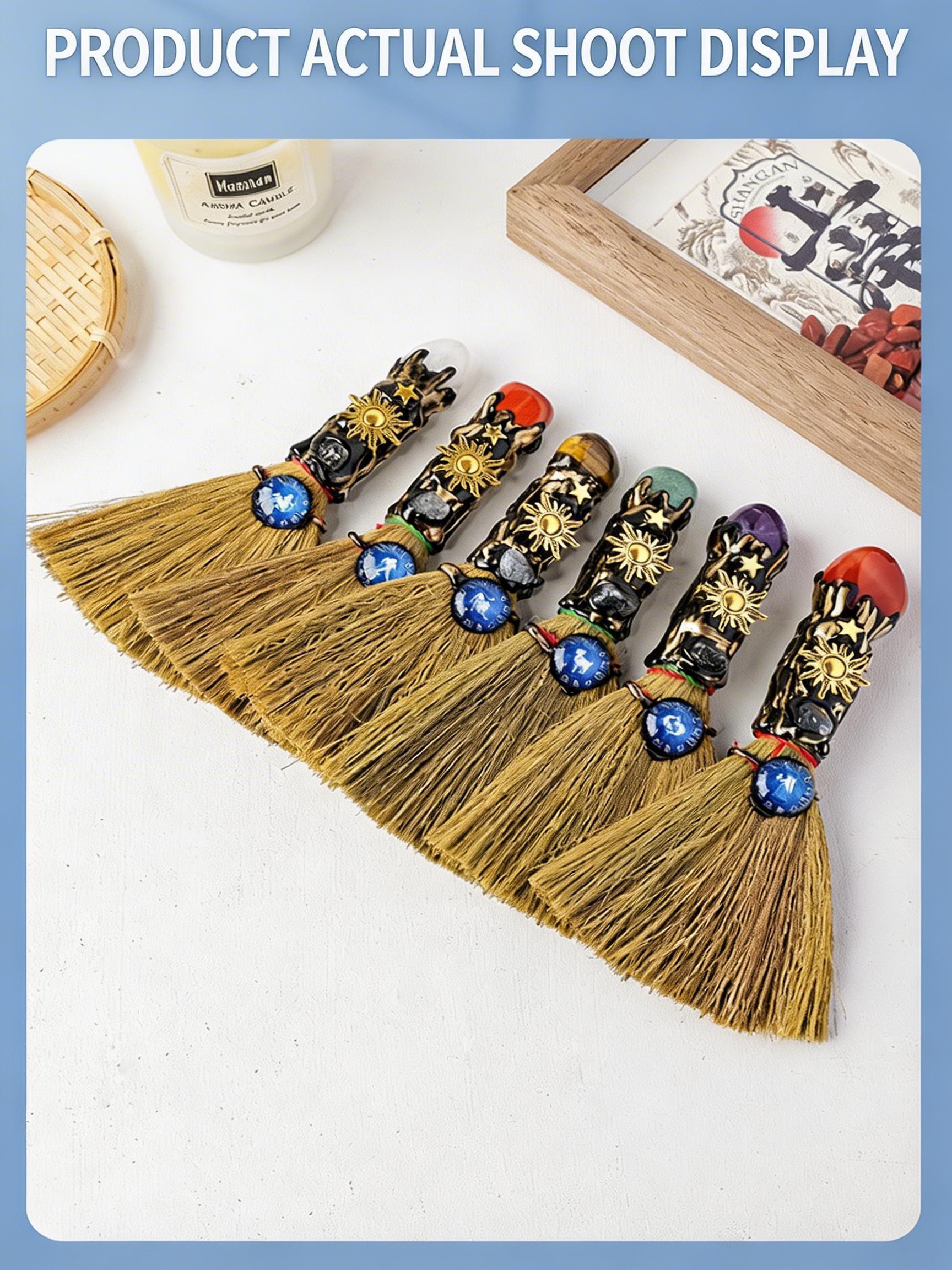 RYS Handmade Witch Broom with Natural Crystal | Zodiac Sign Altar Decor | Aries Amazonite Mini Broom for Wiccan & Pagan Gifts
