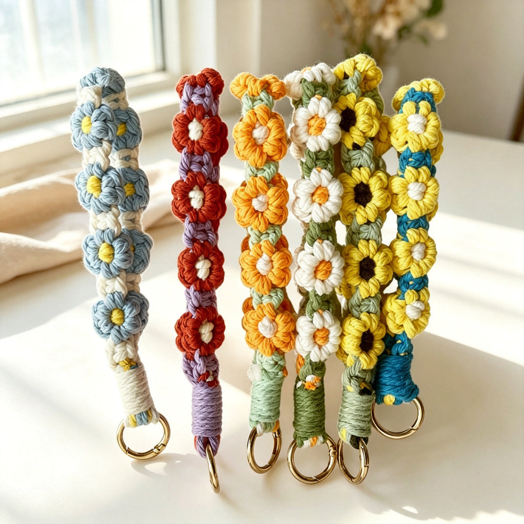 JXG Handwoven Daisy Macrame Keychain Wristlet Boho Cotton Flower Key Ring Bag Charm