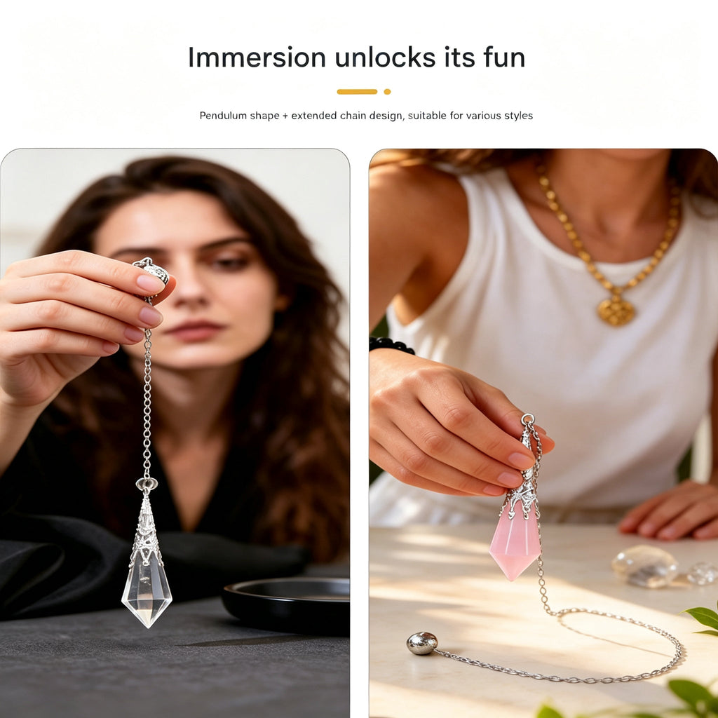 RYS 12 Facet Natural Crystal Pendulum Pendant, Raw Stone Dowsing Pendulum for Meditation Divination, Healing Crystal Jewelry