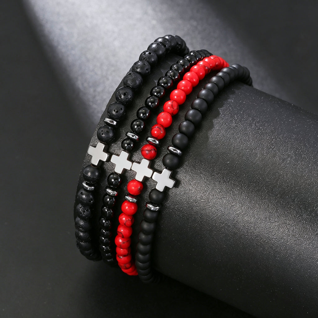 PNY Men Cross Beaded Bracelet Natural Volcanic Stone Black Obsidian Elastic Bracelet Unisex Religious Jewelry Gift