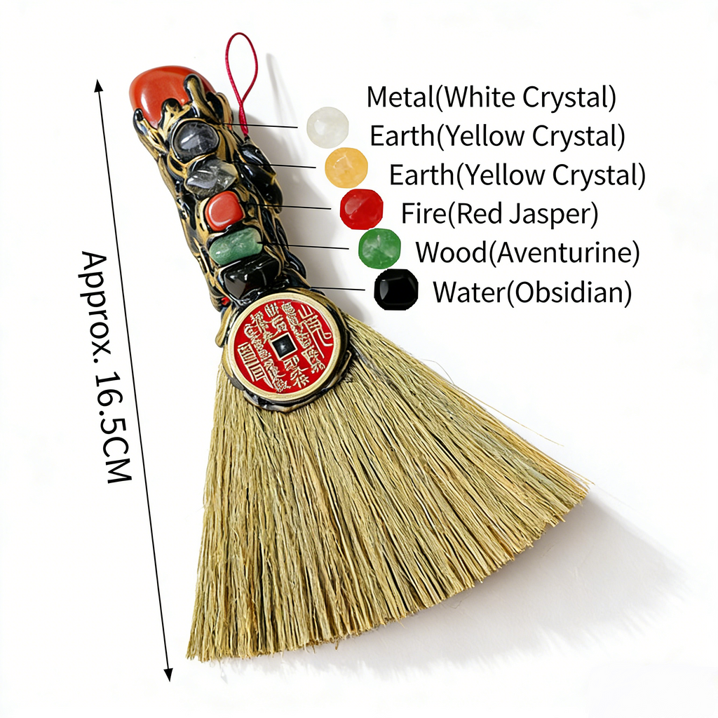 RYS Natural Crystal Shanguang Coin & Small Broom Pendant, Five Elements Stone Amulet for Entrance Door Handle