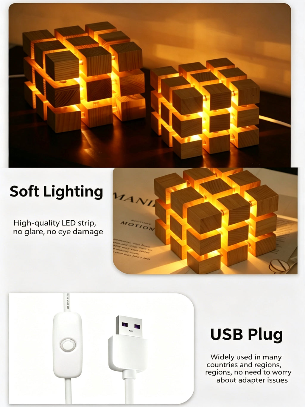 YCL Creative Zauberwürfel-Nachtlicht aus Buchenholz | USB-betriebene warme LED-Nachttisch-Ambienteleuchte, 4-Gitter & 9-Gitter 2 Stile
