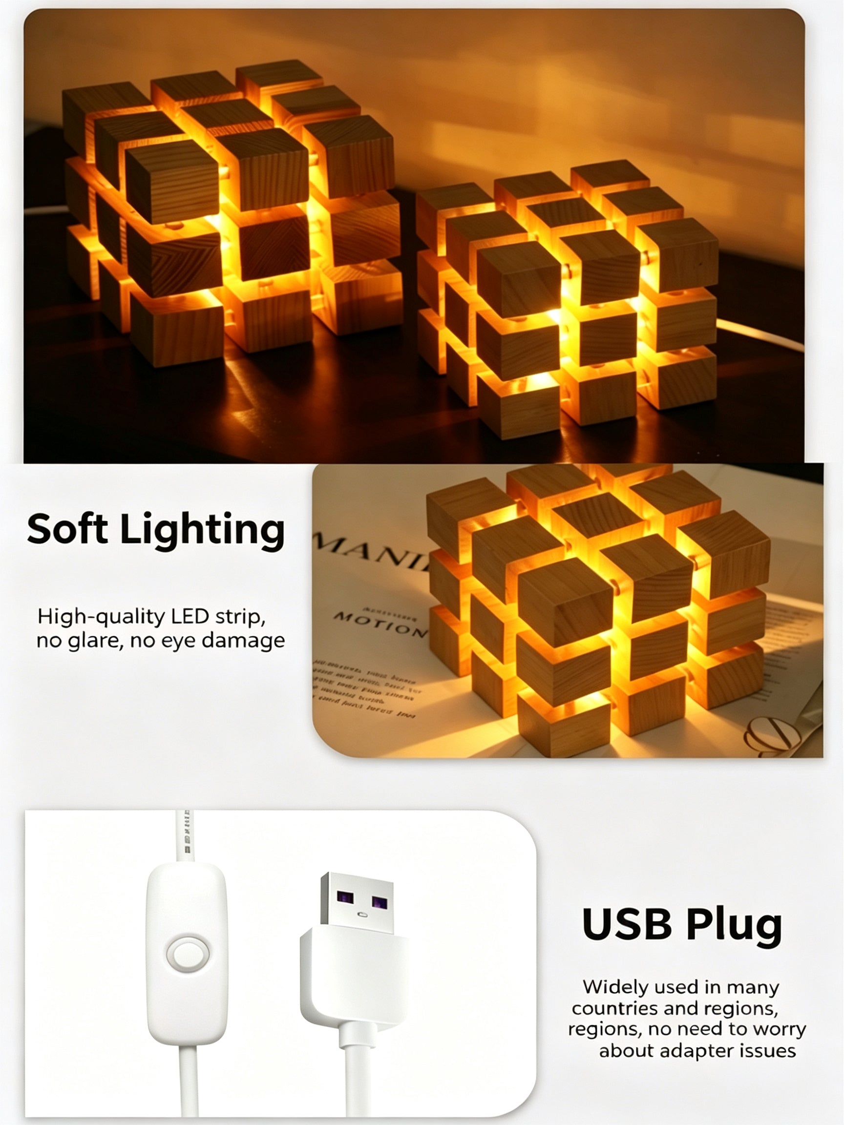 YCL Creative Zauberwürfel-Nachtlicht aus Buchenholz | USB-betriebene warme LED-Nachttisch-Ambienteleuchte, 4-Gitter & 9-Gitter 2 Stile