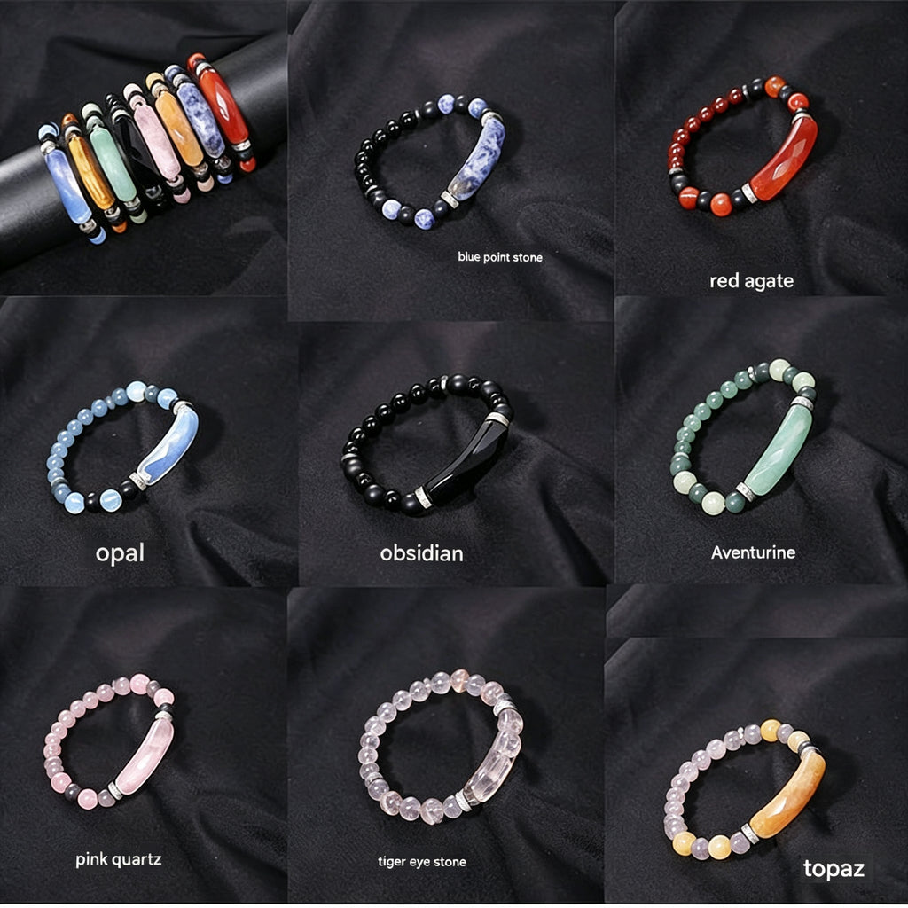RYS Natural Crystal Beaded Bracelet - Handmade Agate & Tiger Eye Wristband