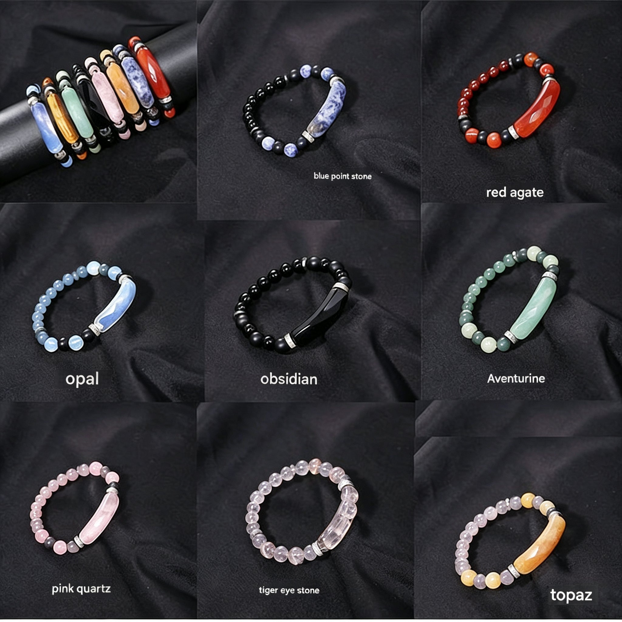 RYS Natural Crystal Beaded Bracelet - Handmade Agate & Tiger Eye Wristband