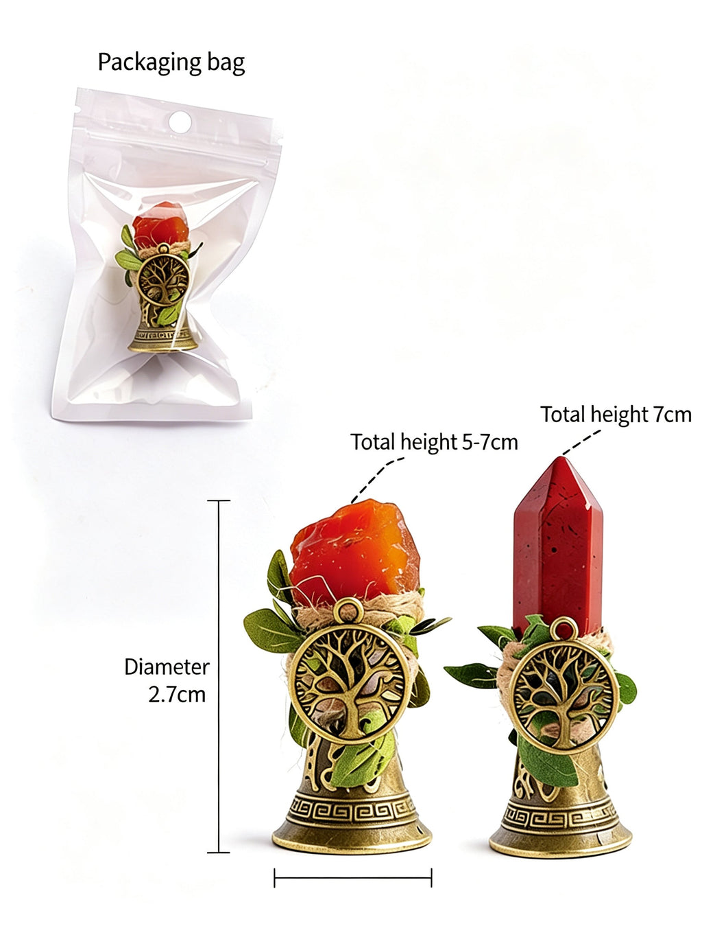 RYS Crystal Point Hand Bell with Tree of Life Charm - Natural Gemstone Decorative Ornament for Home & Spiritual Gifts