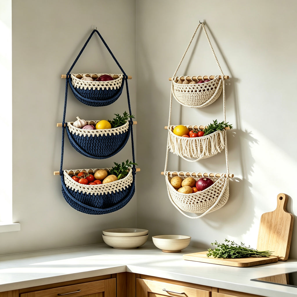 JXG Hand Woven Cotton Wall Hanging Fruit Net Bag Removable Wall Mount Vegetable Storage Basket For Kitchen Home Decor