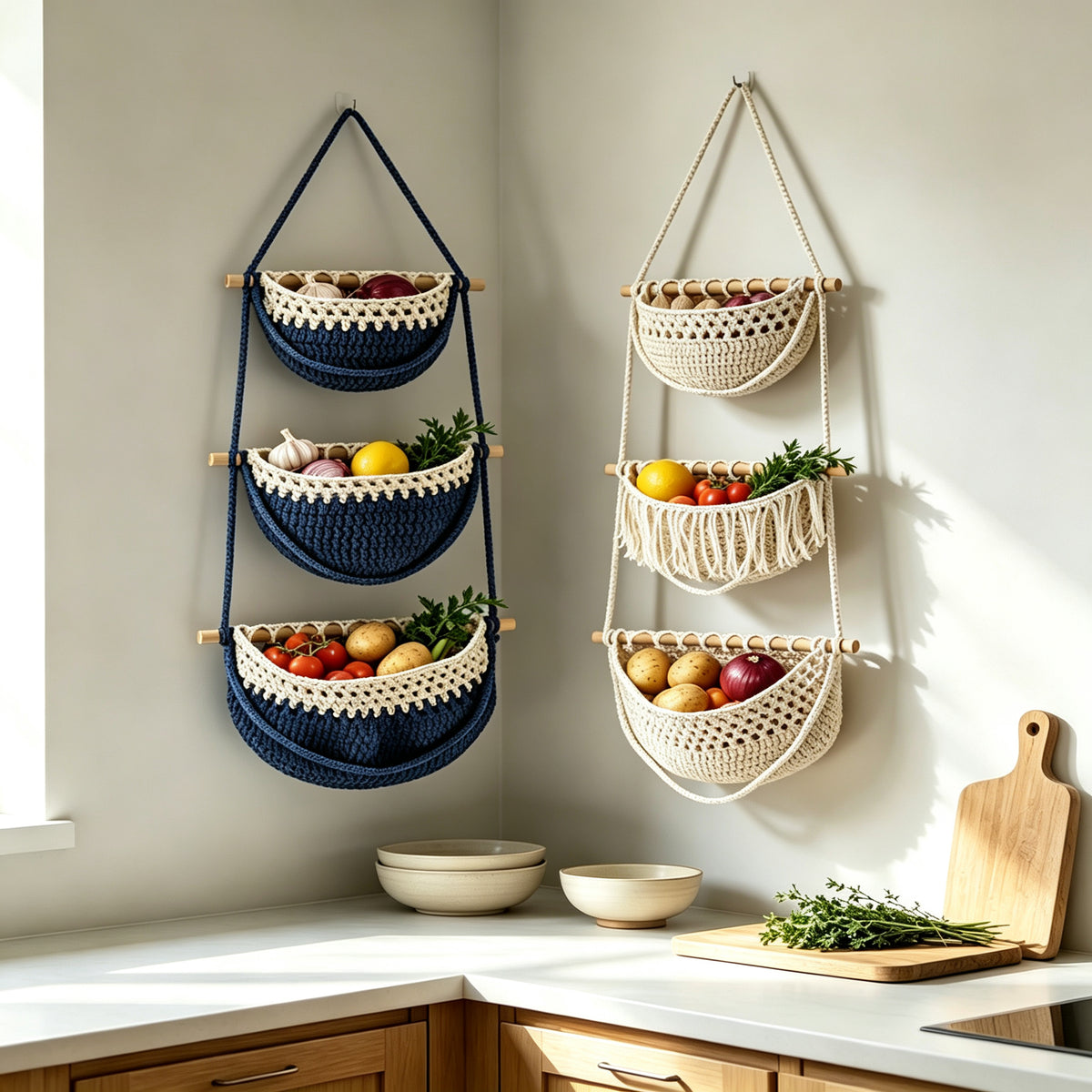 JXG Hand Woven Cotton Wall Hanging Fruit Net Bag Removable Wall Mount Vegetable Storage Basket For Kitchen Home Decor