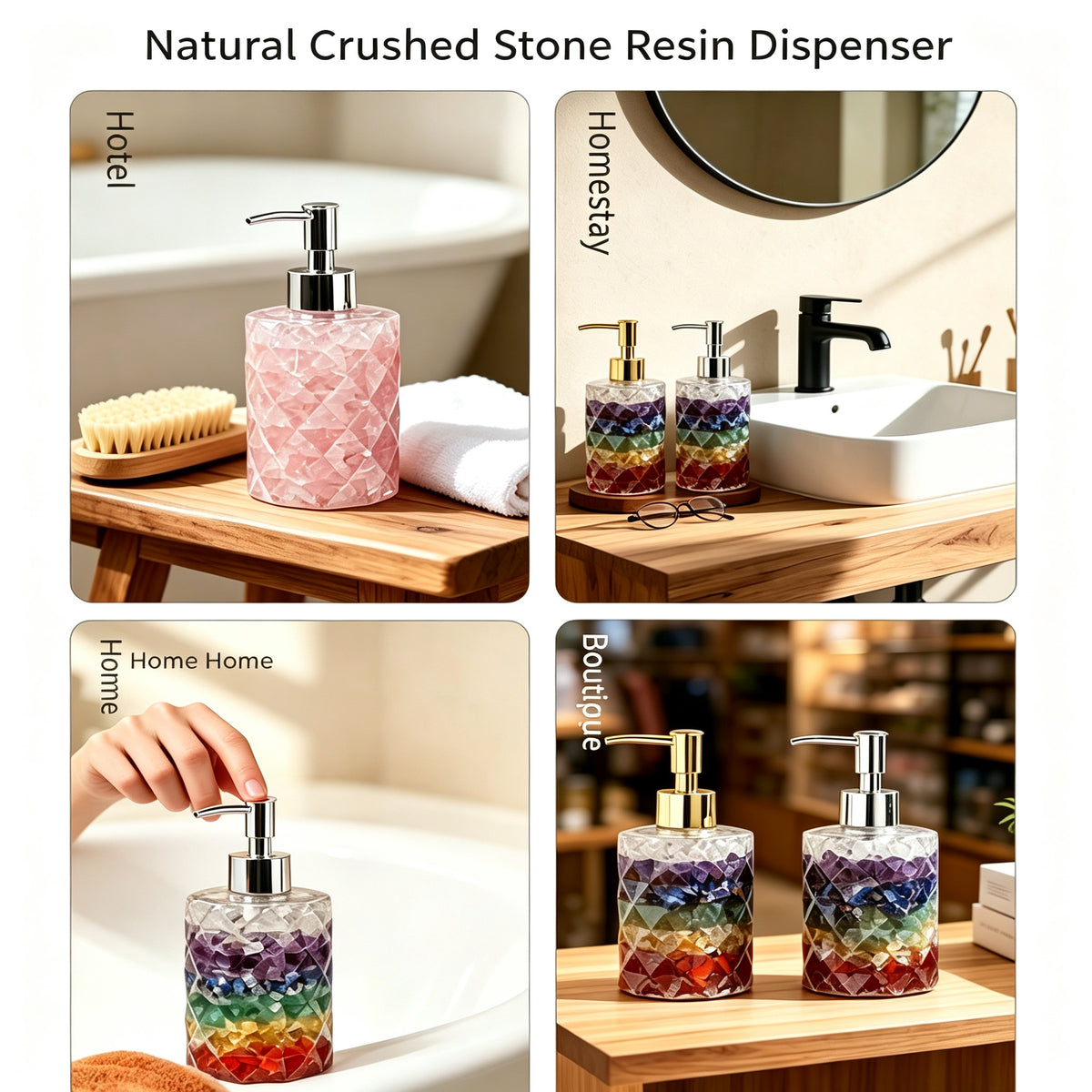 RYS Natural Crystal Chips Resin Soap Dispenser, Press‑Type Refillable Lotion Bottle for Bathroom Vanity Decor