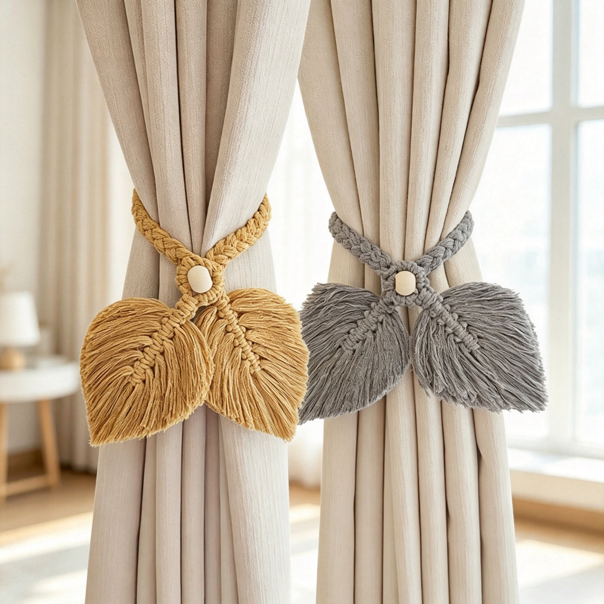 JXG Handwoven Macrame Leaf Curtain Tiebacks 2 Pack Cotton Rope Drapery Holdbacks