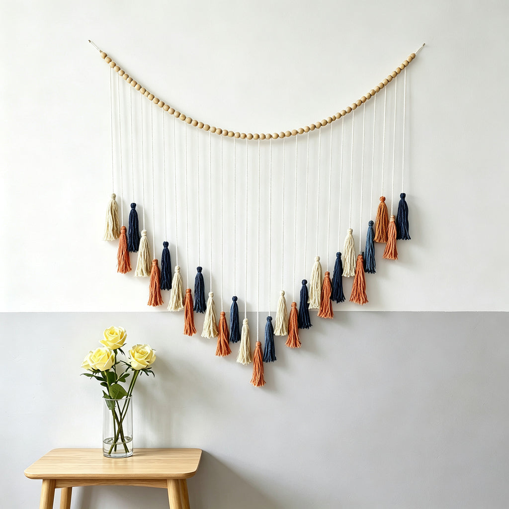 JXG Wood Bead Tassel Wall Tapestry Cotton Rope Woven Boho Wall Hanging Decor for Living Room Balcony