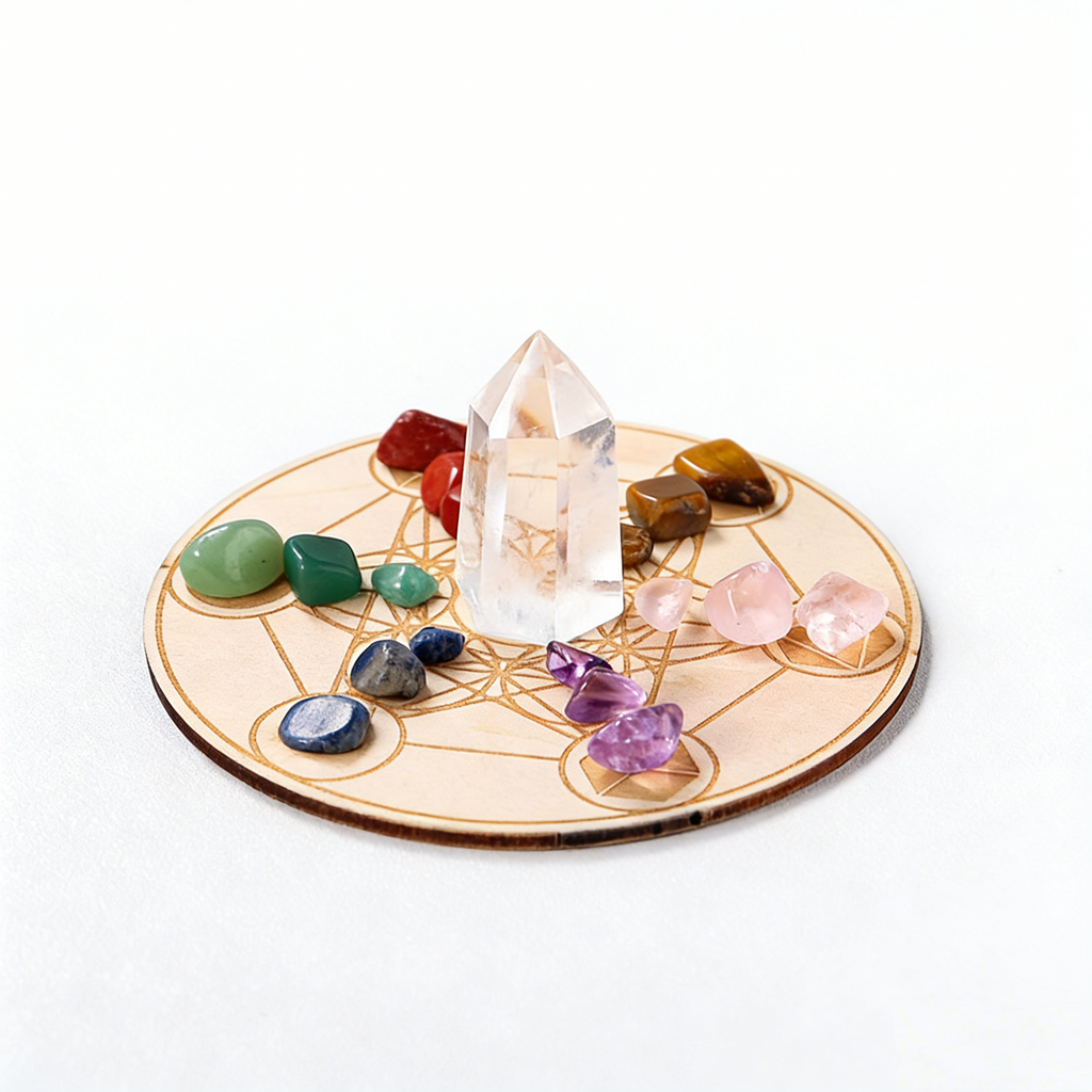 RYS Natural Clear Crystal Pillar Seven Star Array Ornament, Seven Color Gemstone Crushed Stone Wooden Disk Set