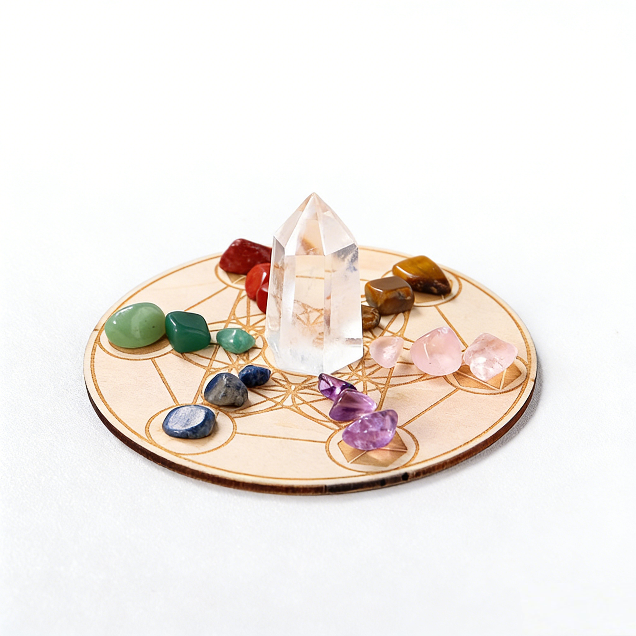 RYS Natural Clear Crystal Pillar Seven Star Array Ornament, Seven Color Gemstone Crushed Stone Wooden Disk Set