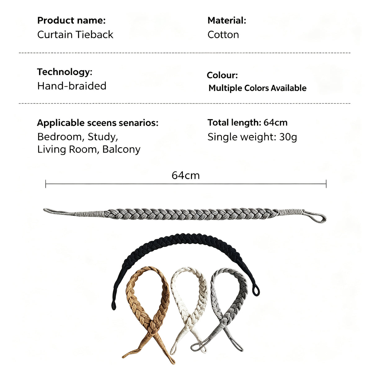 XG Handwoven Cotton Rope Curtain Tiebacks 2 Pack Braided Curtain Holdbacks Window Drapery Straps