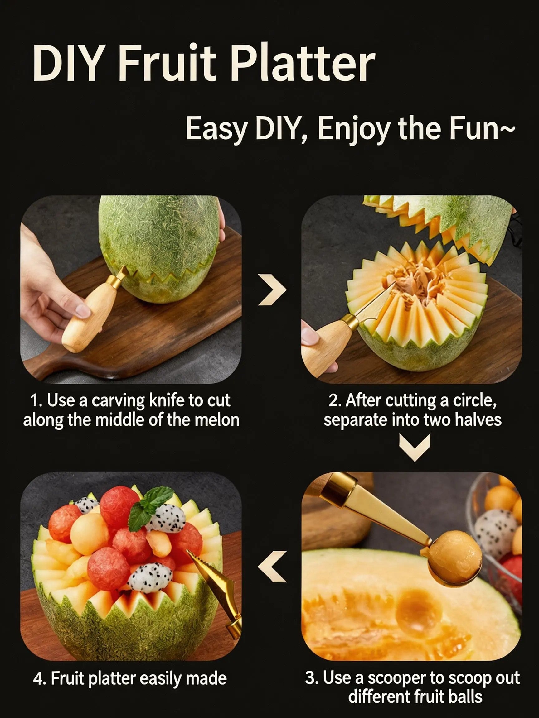 HGD 304 Stainless Steel Fruit Tool with Beech Wood Handle | Melon Baller, Carving Knife & Peeler