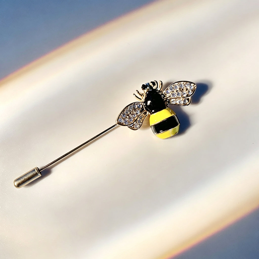 QZY Enamel Bee Stick Brooch 18K Gold Electroplated Rhinestone Insect Lapel Pin