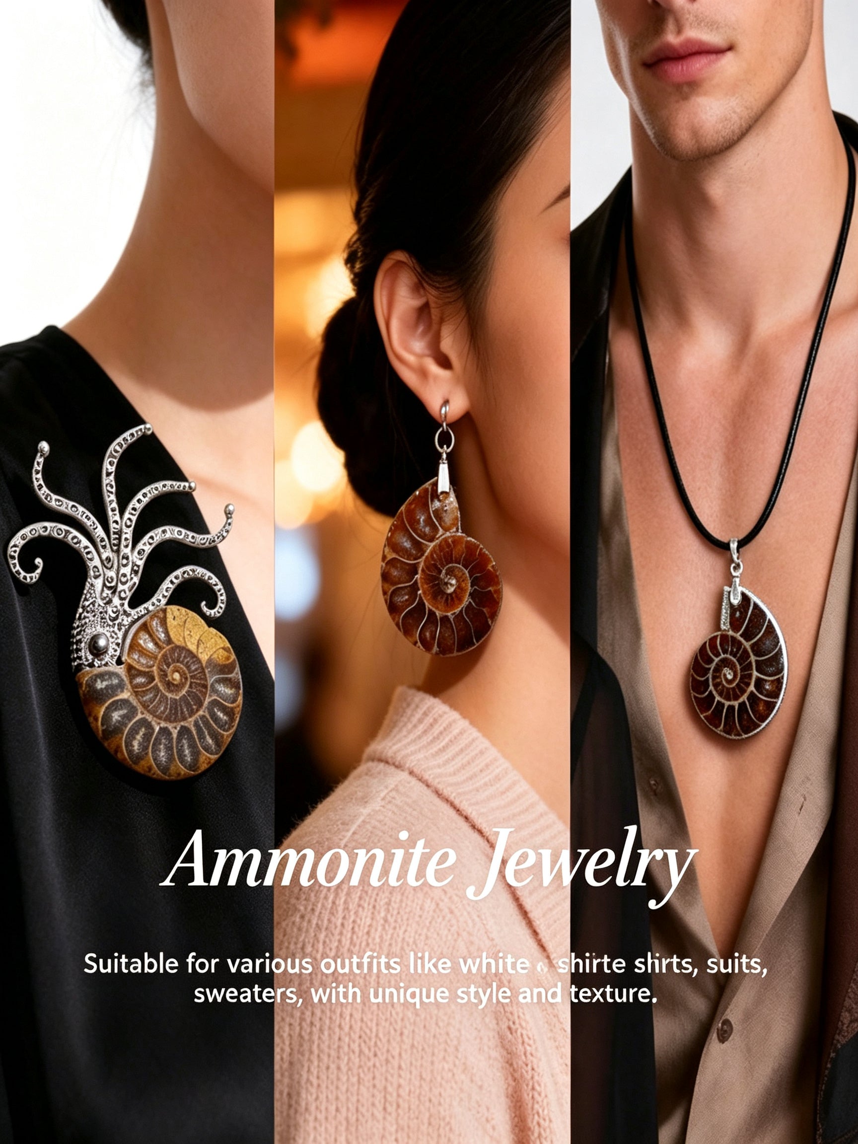 RYS Natural Ammonite Fossil Jewelry Brooch Necklace Earrings Set