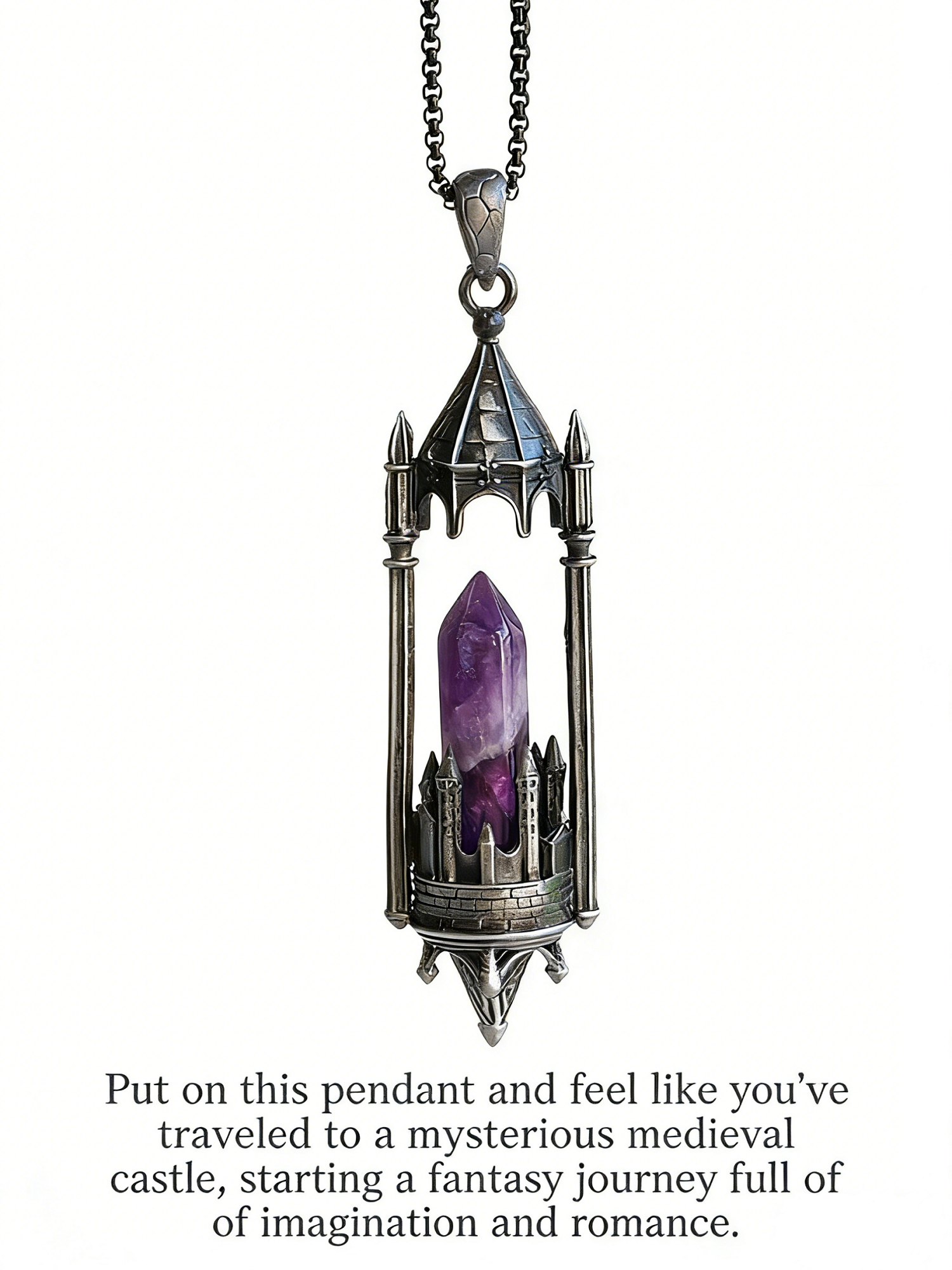 RYS Fantasy Castle Natural Crystal Point Pendant | Multi-Metal (Titanium/Silver/Gold) Options, Includes Chain