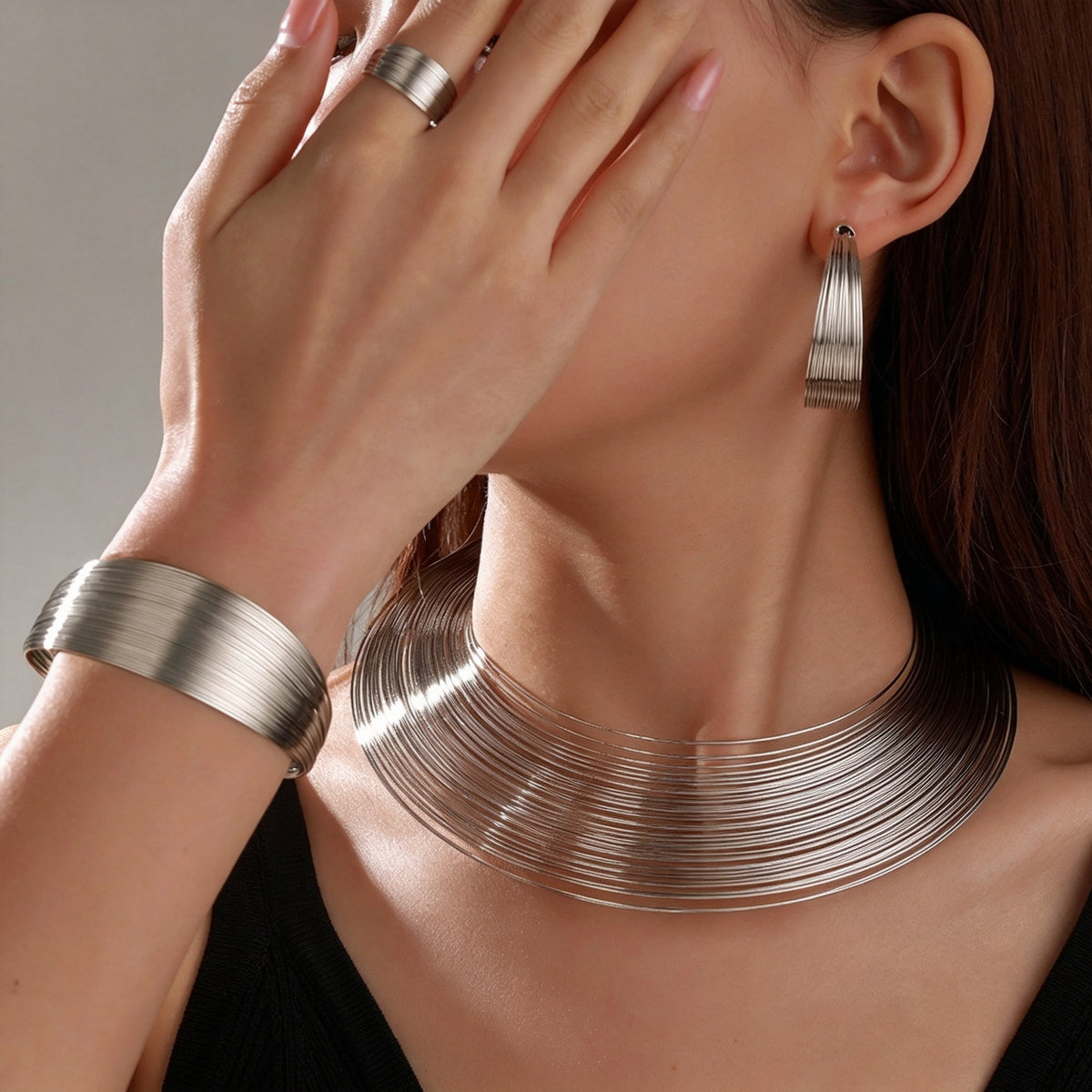 PNY Multi Layer Geometric Metal Jewelry Set Open Torque Choker Necklace Bracelet Hoop Earrings Statement Party Jewelry