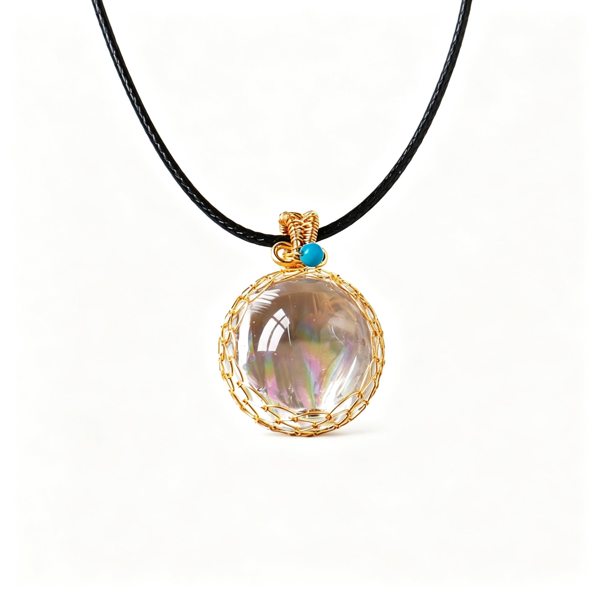 RYS Natural Azeztulite Rainbow Crystal Ball Pendant Necklace with Leather Cord