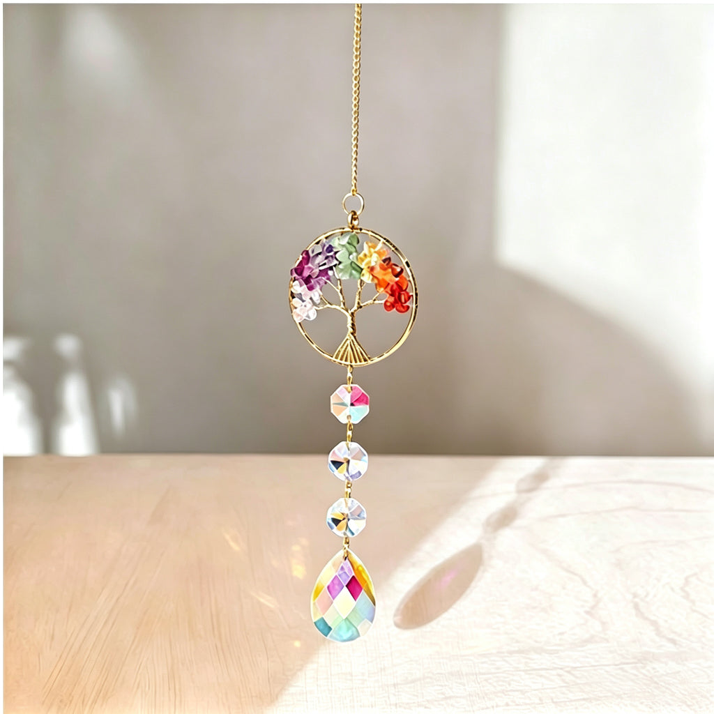 RYS Natural Crystal Tree of Life Suncatcher, Rainbow‑Drop Crystal Hanging Ornament for Window, Car & Home Decor