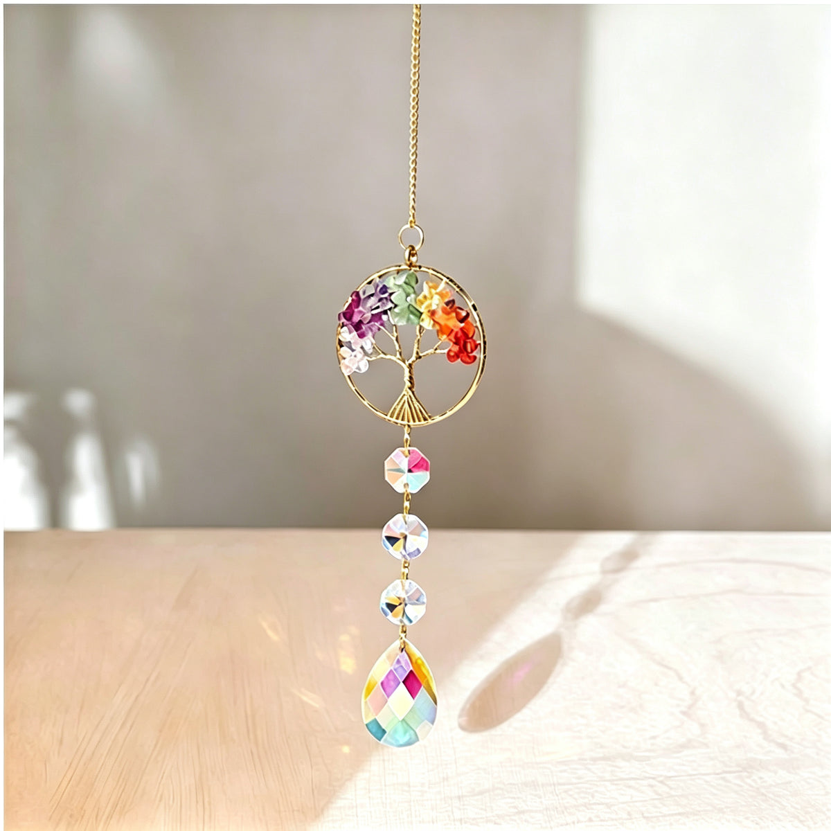 RYS Natural Crystal Tree of Life Suncatcher, Rainbow‑Drop Crystal Hanging Ornament for Window, Car & Home Decor