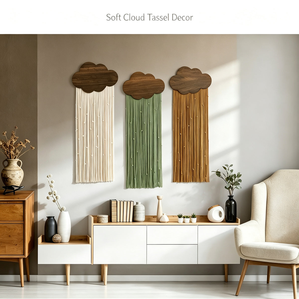 JXG Handwoven Cloud Macrame Wall Hanging Boho Wood Board Tassel Tapestry Wall Decor