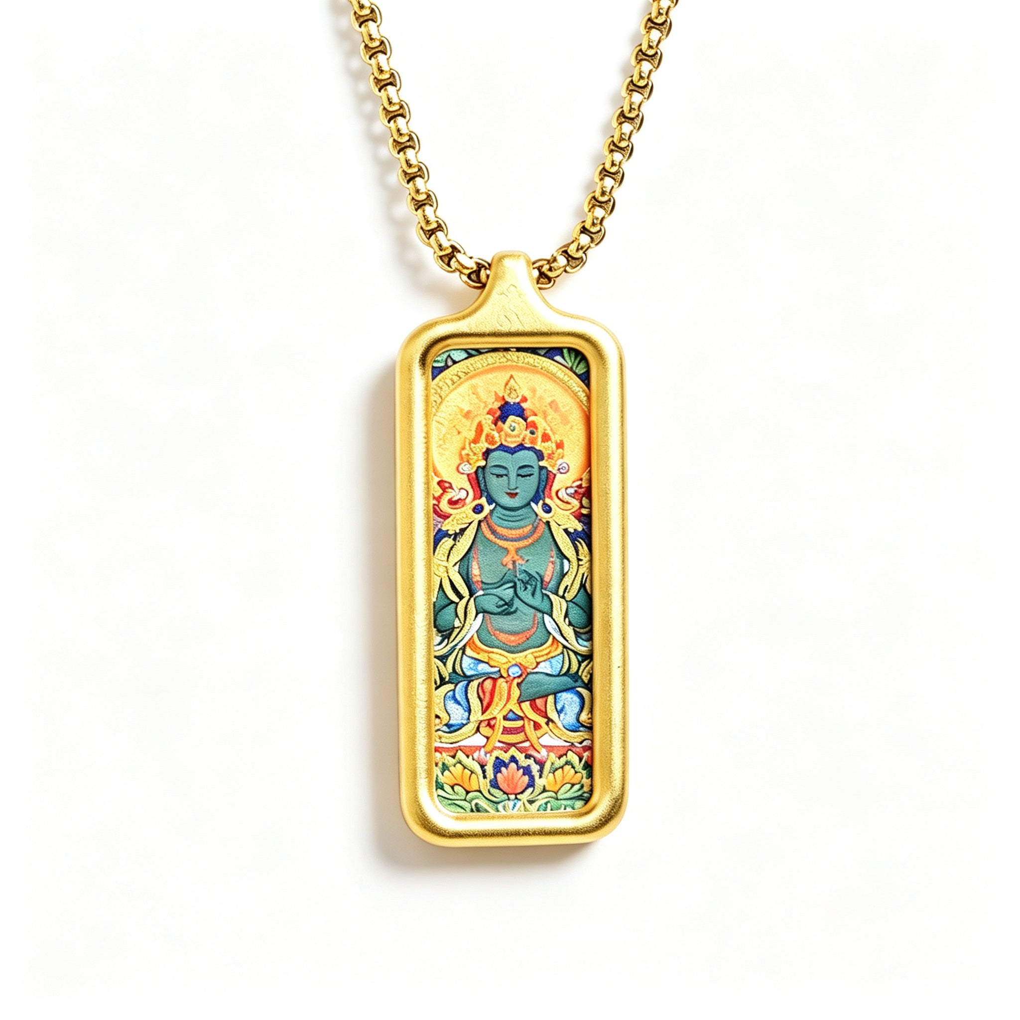 RYS Hand-Painted Thangka Buddha Pendant Necklace | 18K Gold Plated Alloy | Tibetan Patron Saint Amulet for Zodiac Signs | Spiritual Protection Jewelry