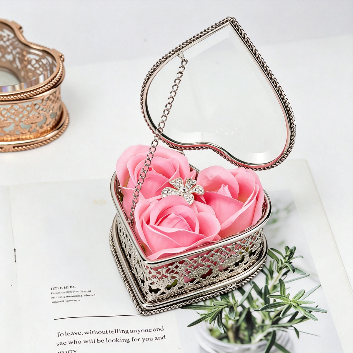 YAP Heart‑Shaped Glass Metal Jewelry Box Ring Earring Storage Decor Gift Box