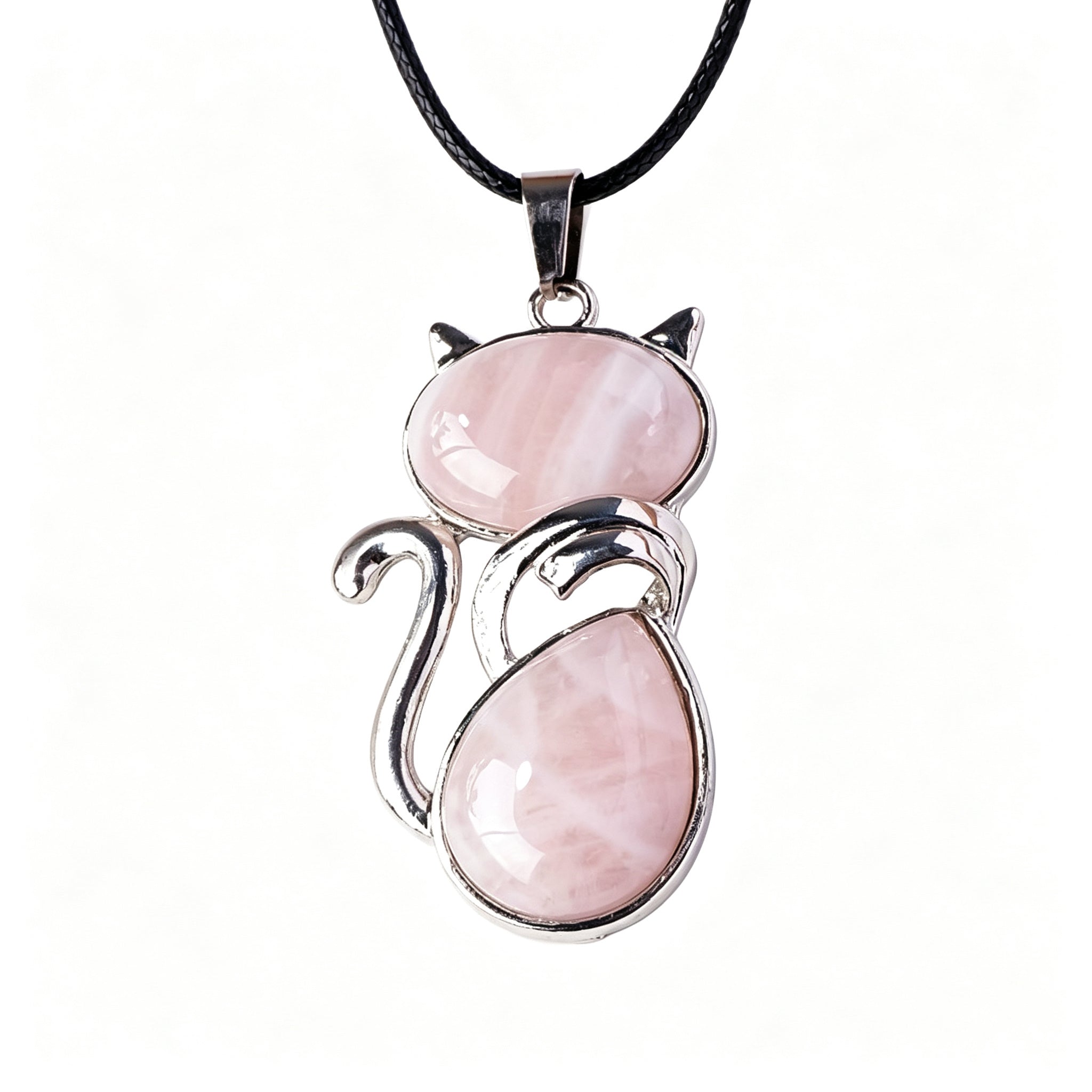 RYS Natural Crystal Gemstone Cat Pendant with Leather Cord