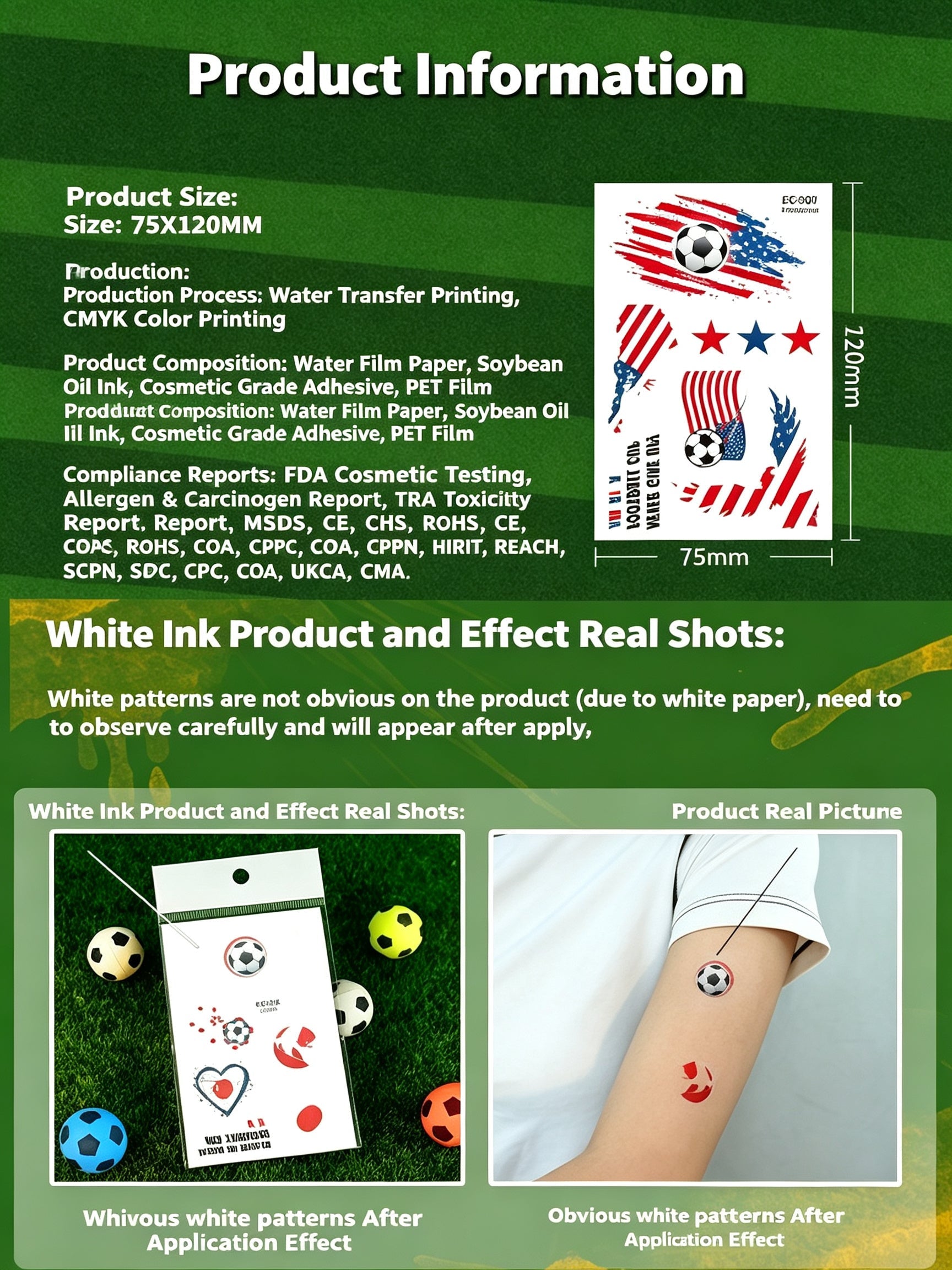 RCT 2026 World Cup Waterproof Flag Temporary Tattoos – 5 Pack | Safe Soy Ink, RoHS CE CPC UKCA Certified