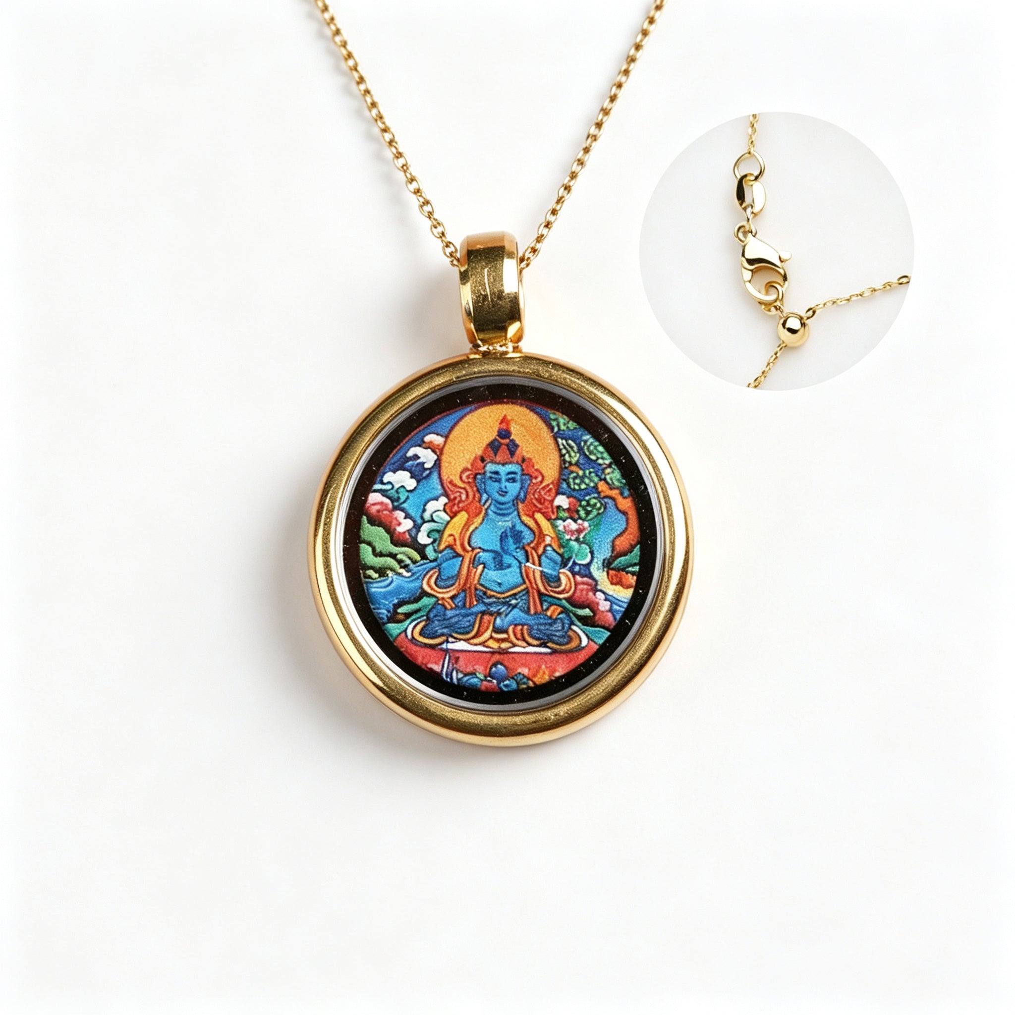 RYS Hand-Painted Thangka Buddha Pendant Necklace | 18K Gold Plated Alloy | Tibetan Patron Saint Amulet for Zodiac Signs | Spiritual Protection Jewelry