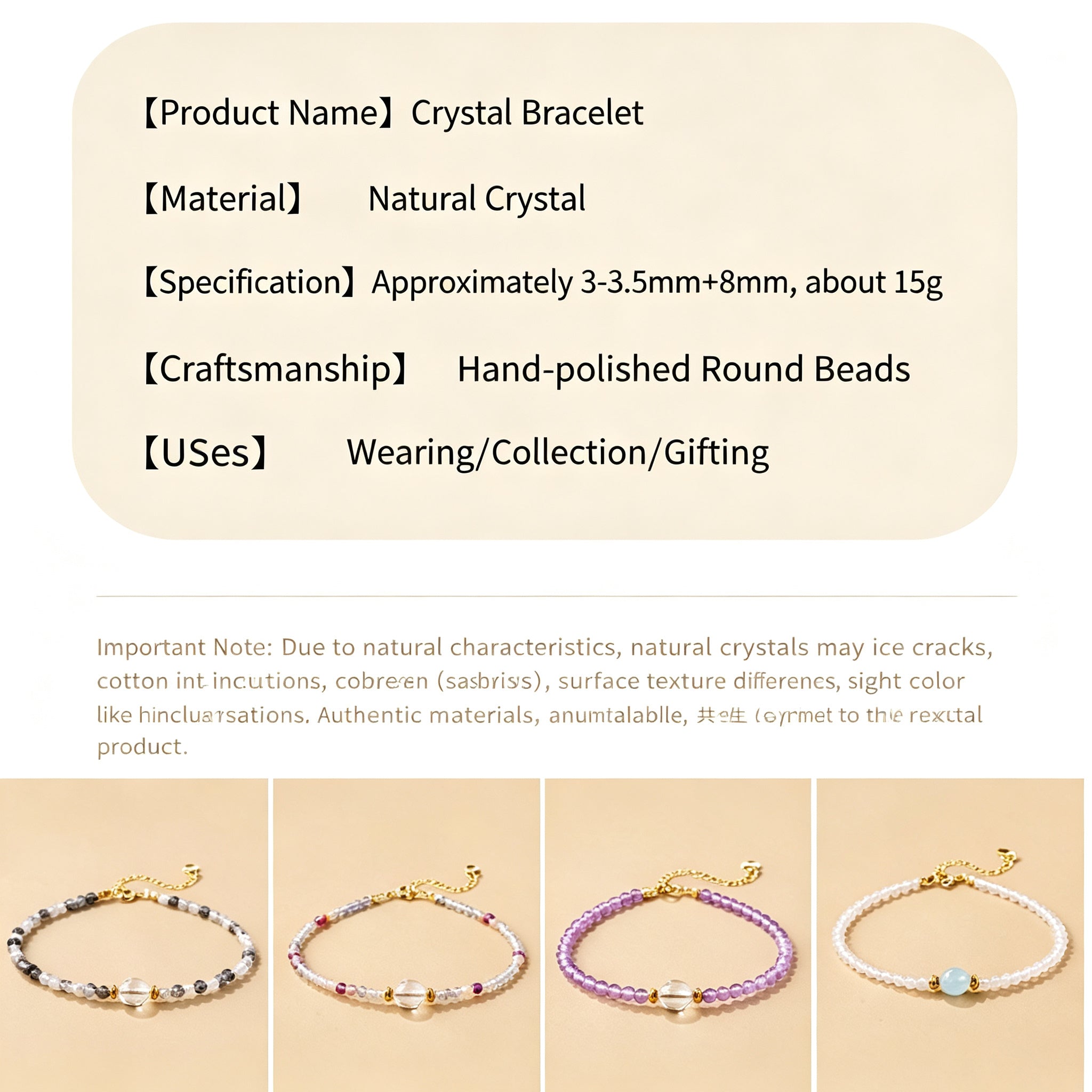 RYS Natural Mixed Crystal Single Strand Bracelet 3-3.5+8mm Round Bead Minimalist Jewelry Gift