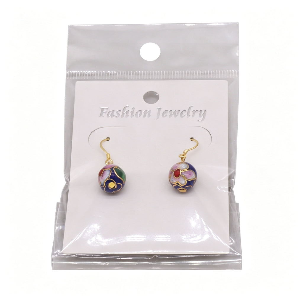 JCJ Handmade Cloisonne Enamel 10mm Round Bead Drop Earrings Traditional Chinese Jewelry
