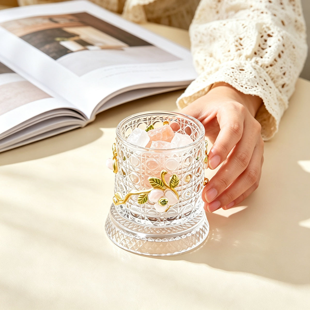 RYS Spinning Crystal Whiskey Glass Handmade Enamel Flower Tumbler