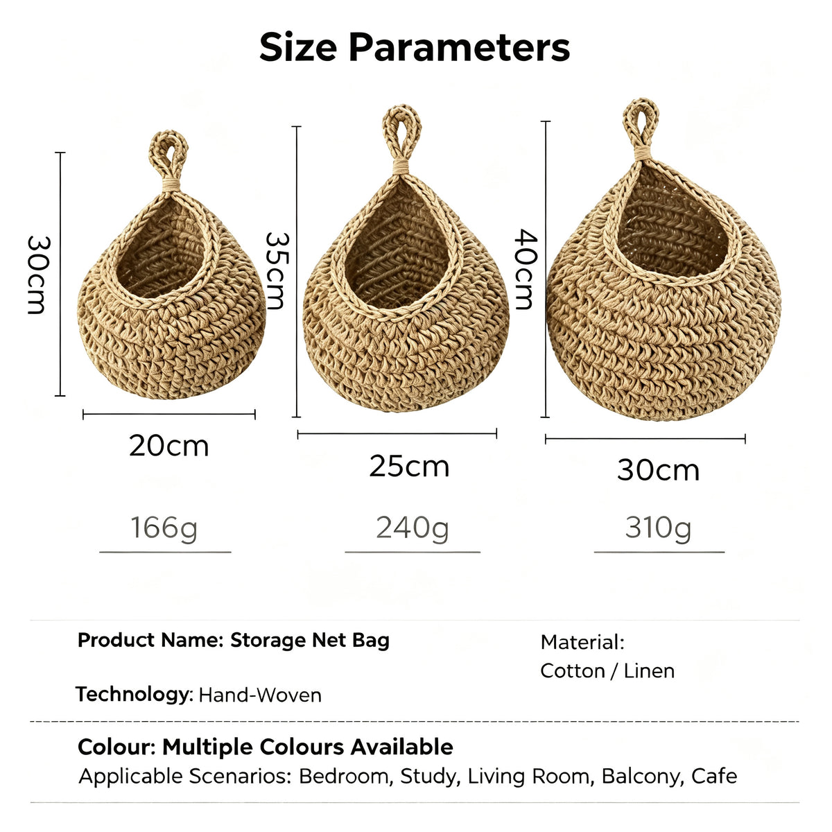 JXG Handwoven Hanging Storage Basket Teardrop Nest Fruit Vegetable Organizer Ins Style Cotton Wall Hanging Net Bag
